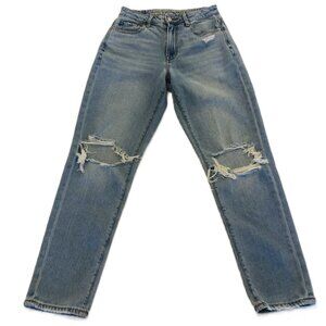 American Eagle Ripped Distressed MOM Jeans Size 2 W26 Mid Rise Light Wash